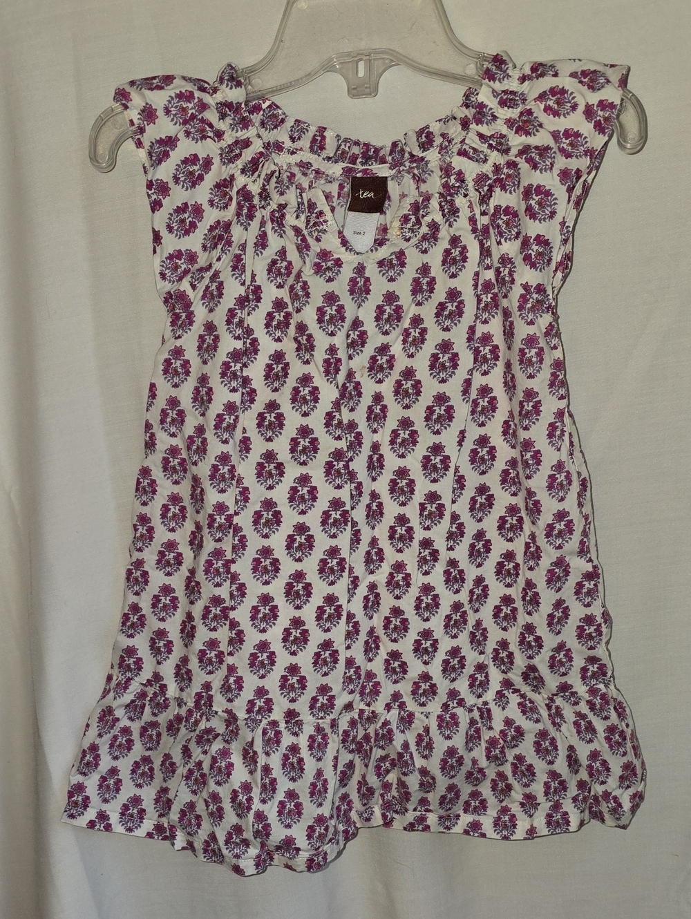 Tea Collection White Top with Purple Floral Ruffle Sleeves